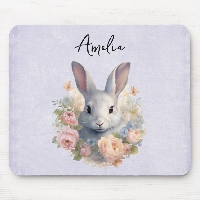Tapis De Souris Lapin entouré de fleurs pastel mignon (Devant)