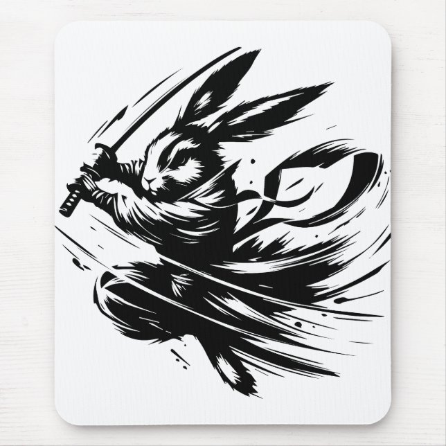 Tapis De Souris Lapin Guerrier à l'Encre Noire Samouraï (Devant)