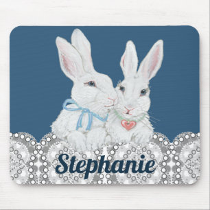 Tapis De Souris Lapin lapin personnalisé bleu et blanc dentelle m