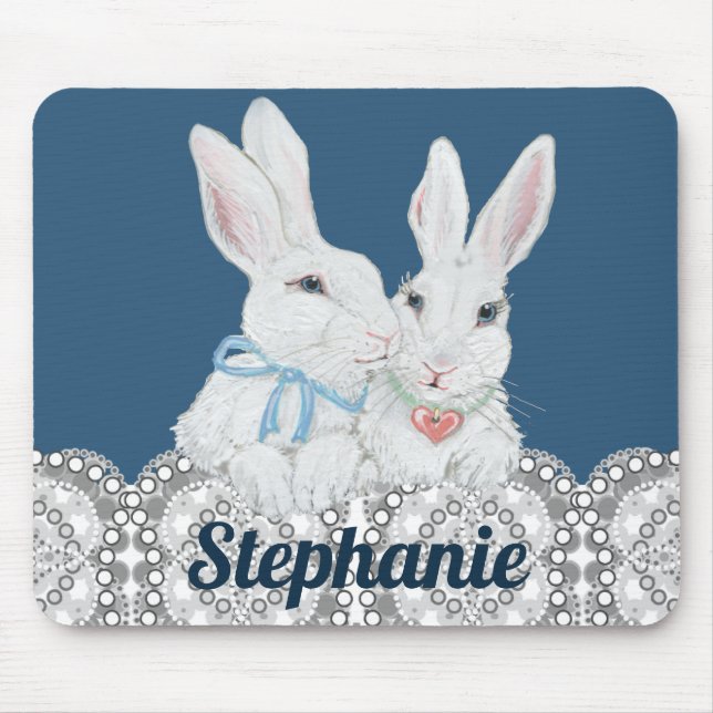 Tapis De Souris Lapin lapin personnalisé bleu et blanc dentelle mi (Devant)