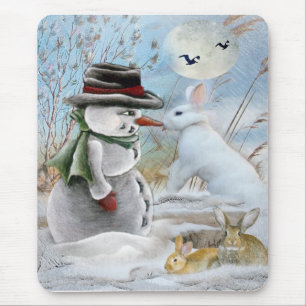 Tapis De Souris Lapin mangeant le nez du bonhomme de neige