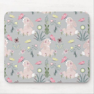 Tapis De Souris lapin mignon avec fleurs et papillons
