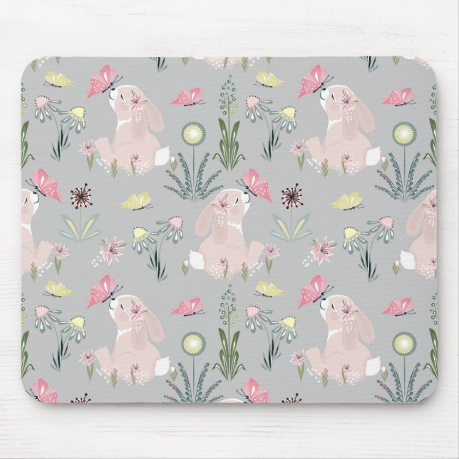 Tapis De Souris lapin mignon avec fleurs et papillons (Devant)
