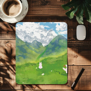 Tapis De Souris Lapin mignon en vue de la montagne Mousepad