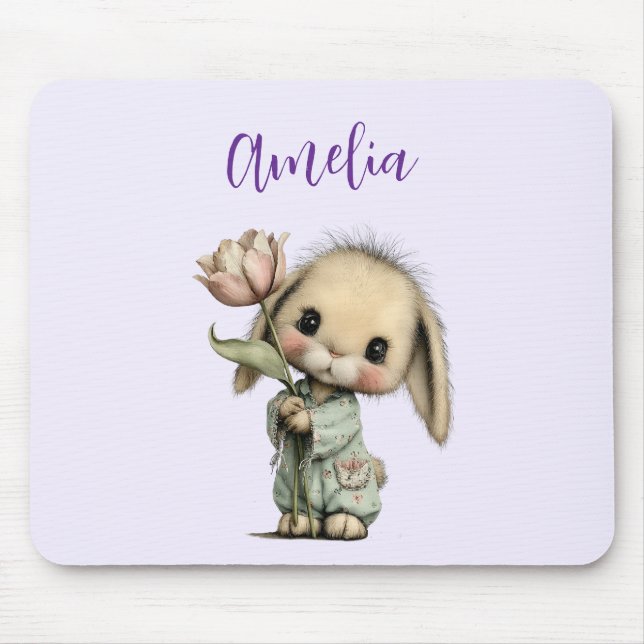 Tapis De Souris Lapin mignon tenant une Tulipe (Devant)