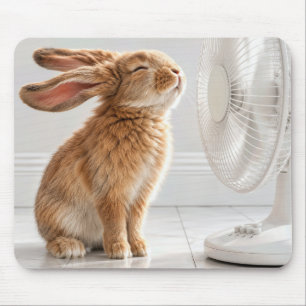 Tapis De Souris Lapin se rafraîchissant devant un ventilateur blan