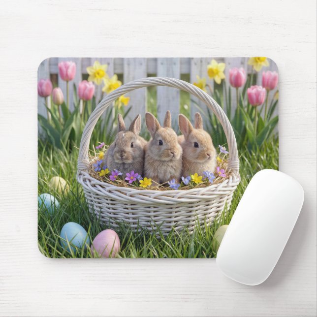 Tapis De Souris Lapins dans un panier de Pâques sur l'herbe (Avec souris)