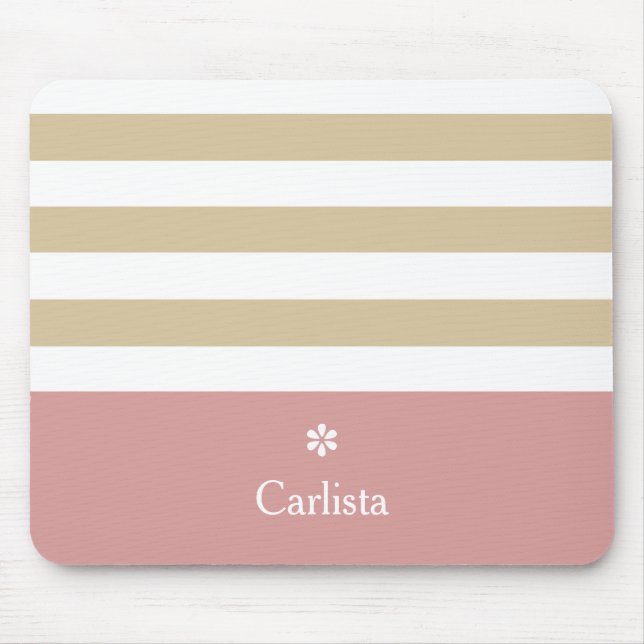 Tapis De Souris Large Tan Horizontal Stripes rose Nom et marguerit (Devant)