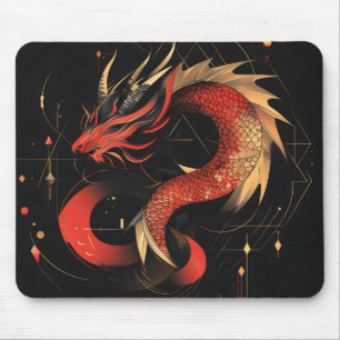 Tapis De Souris L'art majestueux du Dragon chinois rouge et or