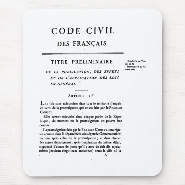 Tapis De Souris Le code civil de la ?ère page de la France a (Devant)