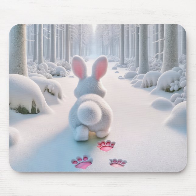 Tapis De Souris Le lapin blanc couché dans une forêt d'hiver (Devant)