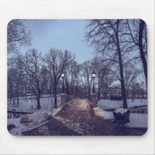 Tapis De Souris Le parc de la ville enneigé en hiver le soir