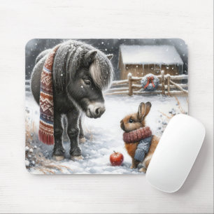 Tapis De Souris Le poney de Noël et le lapin dans une ferme d'hive