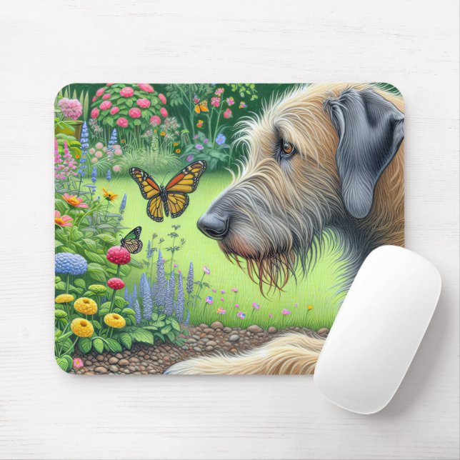 Tapis De Souris Le Wolfhound irlandais regarde un papillon (Avec souris)