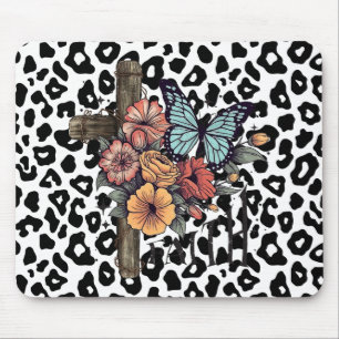 Tapis De Souris Léopard des neiges croisé, Fleurs et Papillons