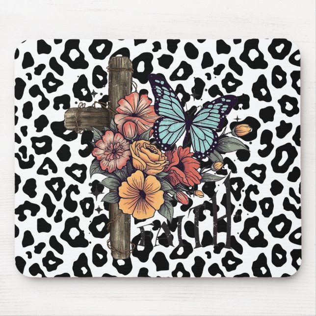 Tapis De Souris Léopard des neiges croisé, Fleurs et Papillons (Devant)
