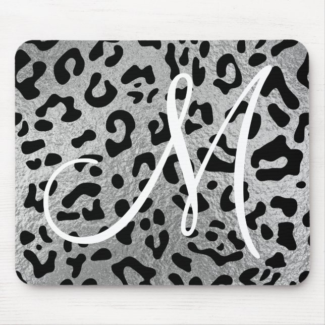 Tapis De Souris Léopard noir et monogramme à feuille d'argent faux (Devant)