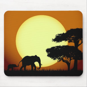 Tapis De Souris Les éléphants Safari au coucher du soleil