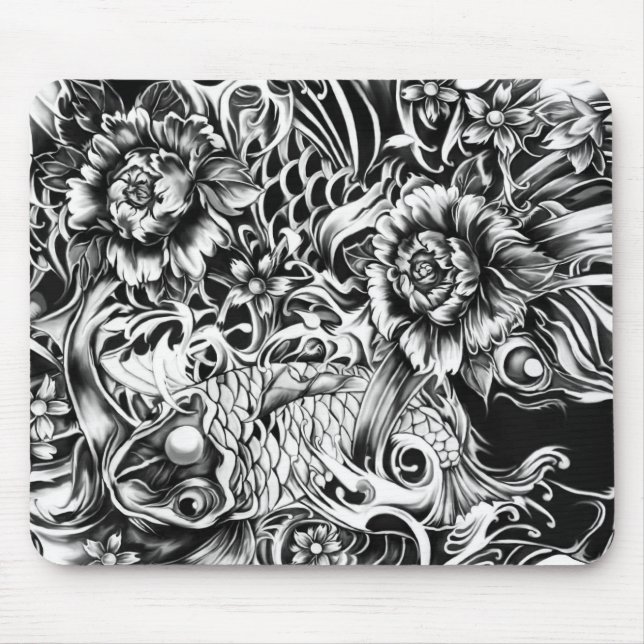 Tapis De Souris Les fleurs japonaises de koi et de lotus tatouent (Devant)