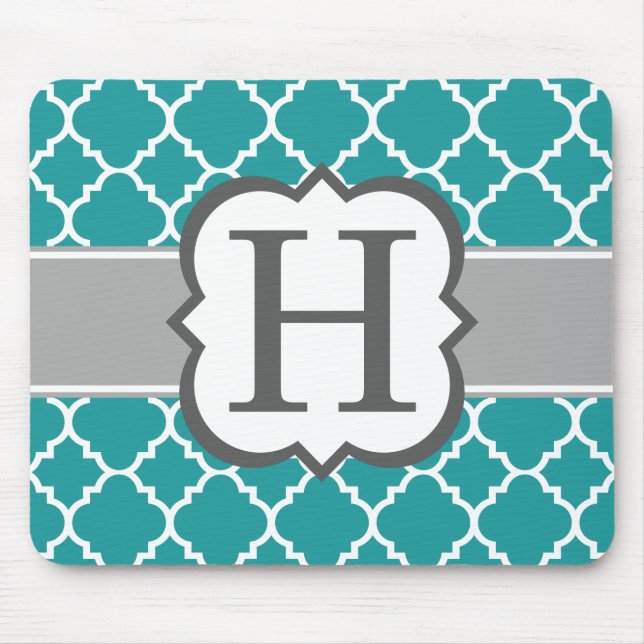 Tapis De Souris Lettre bleue turquoise H Quatrefoil de monogramme (Devant)