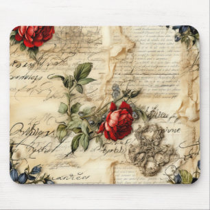 Tapis De Souris Lettre d'amour sur parchemin vintage avec fleurs