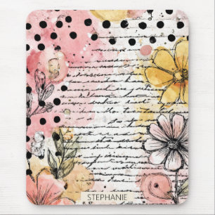 Tapis De Souris Lettre Florale Vintage avec Fleurs Roses et Jaunes