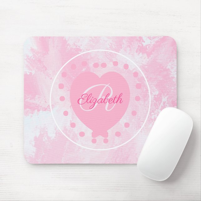 Tapis De Souris LETTRE INITIALE DU COEUR CHIC MONogramme Rose Blan (Avec souris)