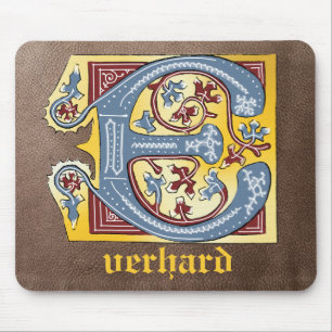 Tapis De Souris Lettre médiévale bleue et rouge ivoire illuminée E