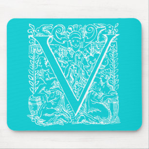 Tapis De Souris Lettre Vintage V Monogramme Aqua Turquoise Neon Bl