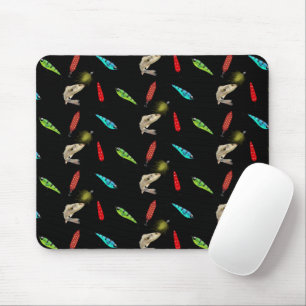 Tapis De Souris Leurres de pêche avec poissons sur fond noir