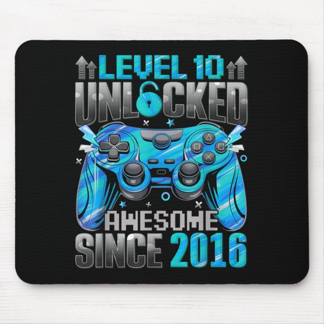 Tapis De Souris Level 10 Unlocked Awesome Since 2016 10th Birthday (Devant)
