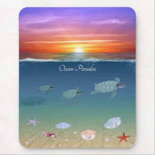 Tapis De Souris Lever de soleil sur l'océan, tortues de mer nagean