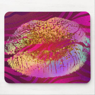 Tapis De Souris Lèvres Rose Zèbre Imprimé Arc-en-Ciel Or Paillette