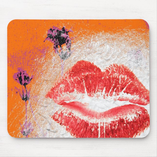 Tapis De Souris Lèvres sur Arrière - plan orange Fleurs violettes (Devant)
