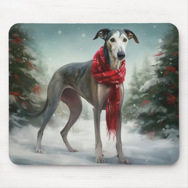 Tapis De Souris Lévrier dans la neige de Noël  (Devant)