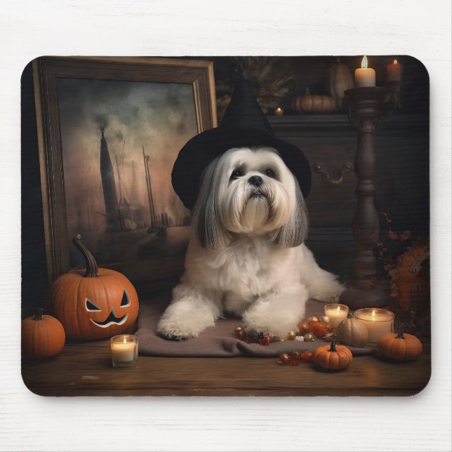 Tapis De Souris Lhasa Apso Citrouilles Halloween Épouvantable (Devant)