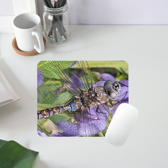 Tapis De Souris Libellule Darner aux Yeux Bleus sur Fleur (In Situ)