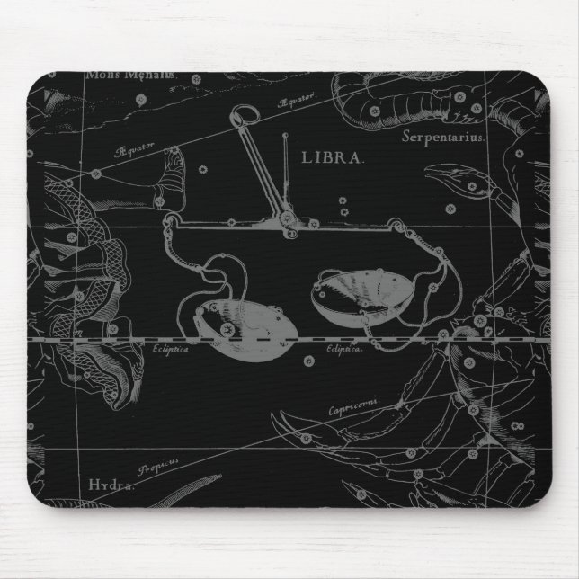 Tapis De Souris Libra Constellation Hevelius 1690 Carte sur Noir (Devant)