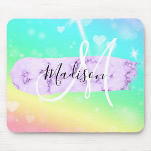 Tapis De Souris Licorne Arc-en-Ciel Cœurs Monogramme Coloré Fémini