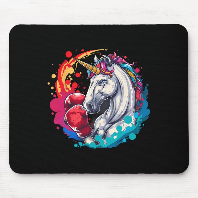 Tapis De Souris Licorne Boxeuse Avec Gants De Boxe Kickboxing Drôl (Devant)