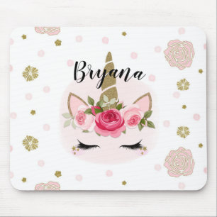 Tapis De Souris Licorne Fleur Or & Rose Fleurit Tendance Mignonne