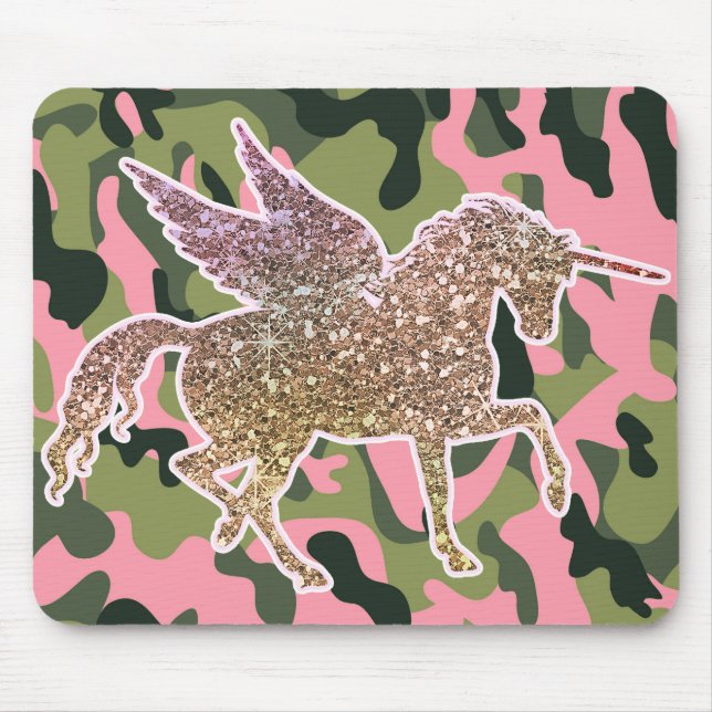 Tapis De Souris Licorne Rose Verte Camo Camouflage & Paillettes D' (Devant)