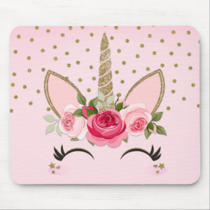 Tapis De Souris Licorne tendance pailletée or et fleurs roses