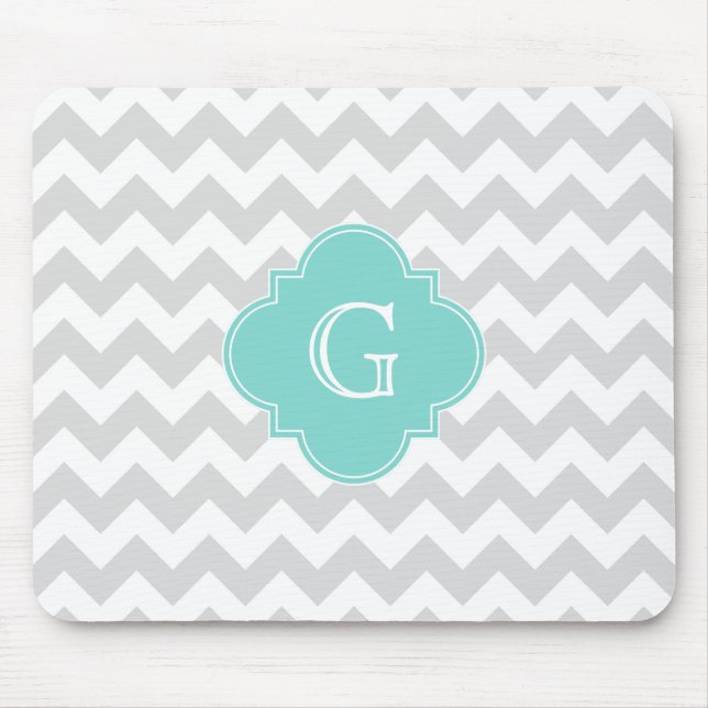Tapis De Souris Light Gray White Chevron Aqua Quatrefoil monogram (Devant)