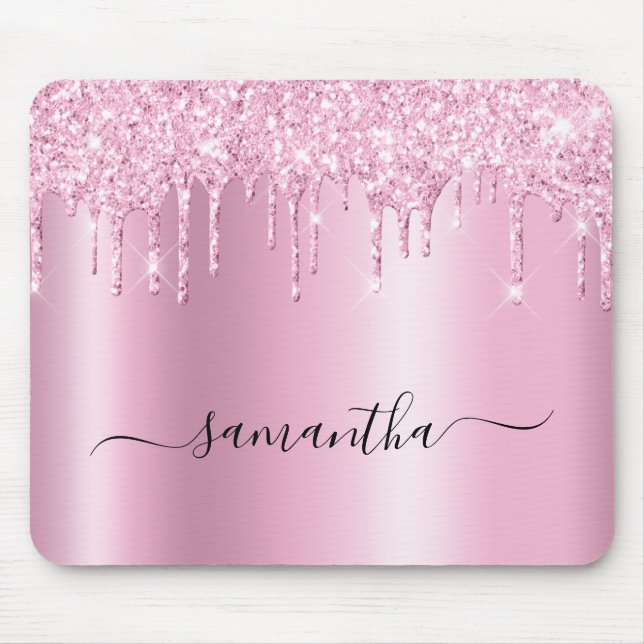 Tapis De Souris Light Pink Glitter Drips Shimmer Glam Name (Devant)