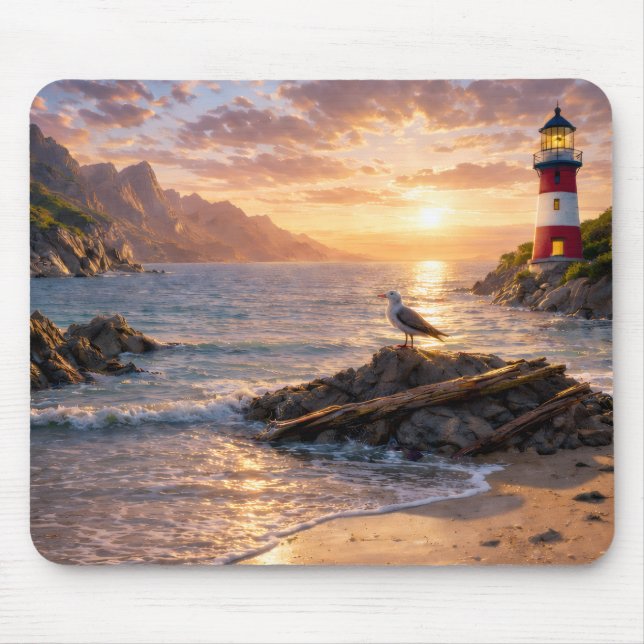 Tapis De Souris Lighthouse Sunset Seagull Beach Mouse Pad (Devant)