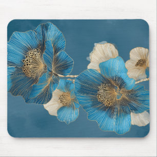 Tapis De Souris Ligne dorée Art Pavot bleu botanique floral