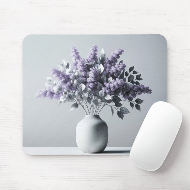Tapis De Souris Lilacs violets et bouquet de feuilles d'argent (Avec souris)