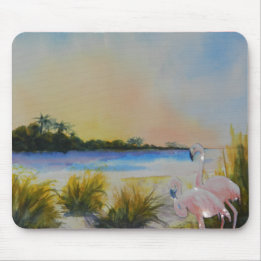 Tapis De Souris L'île tropicale des Flamants roses roses