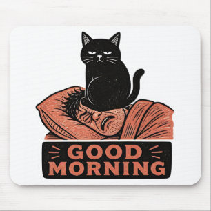 Tapis De Souris Linogravure Chat Noir Sarcasique Mème Bonjour